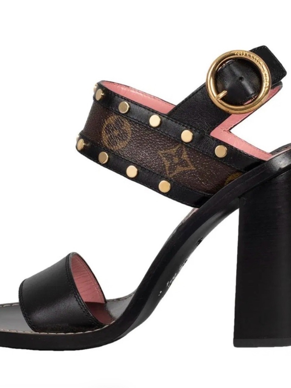 Louis Vuitton Black & Brown Monogram Studded Block Heel Sandal